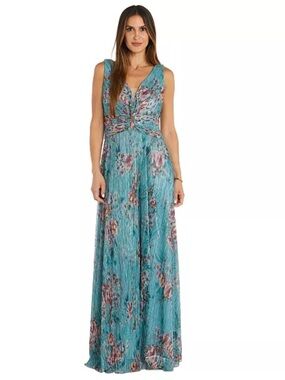 NWT R&M Richard’s Turquoise Metallic Floral Print Sleeveless Gown 8
